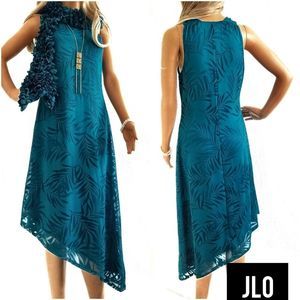 JENNIFER LOPEZ Asymmetrical Hankerchief Hem Midi Dress turquoise teal